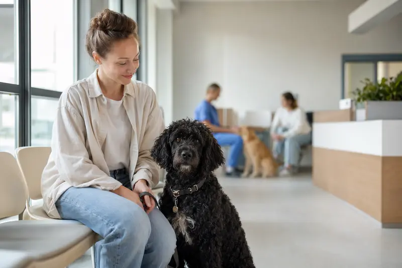 Friesischer Wasserhund sitzt ruhig neben seinem Besitzer im hellen Wartezimmer einer modernen Tierarztpraxis.
